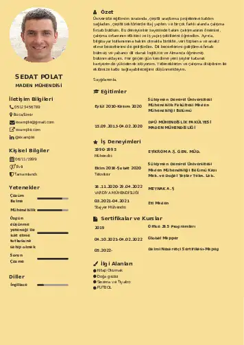 Maden Mühendisi Cv Örnekleri cv indir